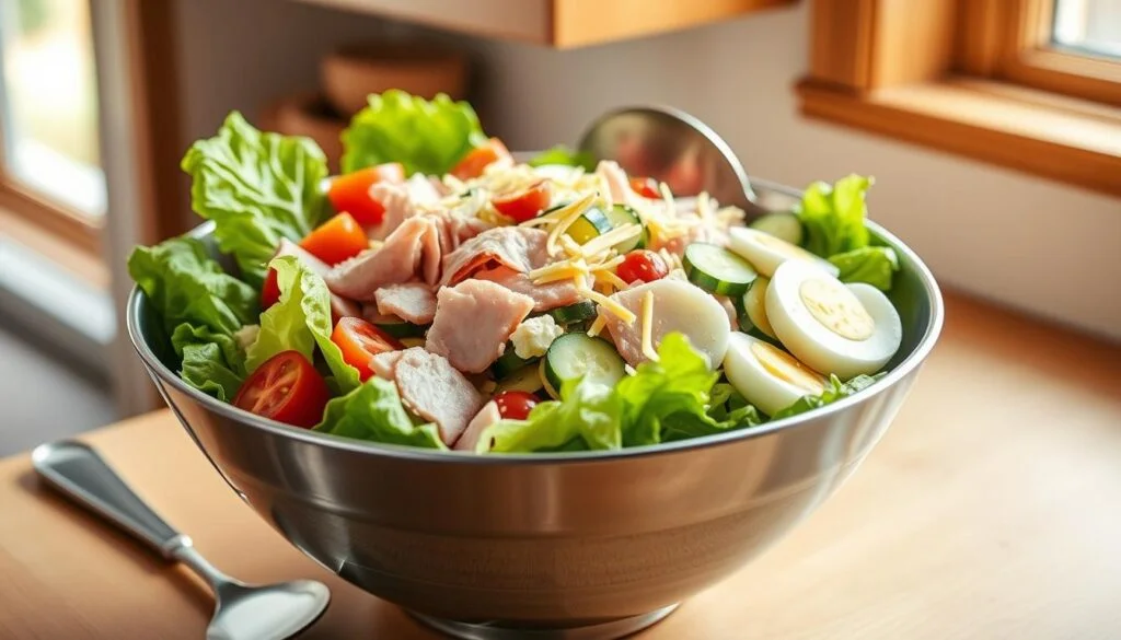 A sleek stainless steel bowl filled with a hearty chef's salad, its contents neatly arranged - crisp romaine lettuce, juicy tomatoes, crunchy cucumber slices, savory ham and turkey, hard-boiled eggs, and shredded cheddar cheese. The bowl is set on a wooden kitchen counter, bathed in warm, natural lighting from a nearby window. A classic salad server rests beside the bowl, ready to portion out the delicious ingredients. The overall scene conveys a sense of culinary preparation and healthy, satisfying sustenance, ideal for illustrating the tools needed to create a quick, nutritious chef's salad meal. chef salad recipe
