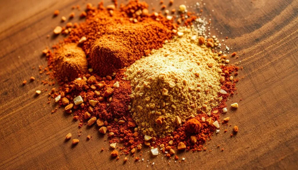 A close-up shot of an artfully arranged taco seasoning blend, showcasing a harmonious mixture of ground cumin, chili powder, garlic powder, onion powder, paprika, and a hint of cayenne. The spices are meticulously scattered across a rustic wooden surface, creating a visually appealing and inviting composition. Warm, natural lighting casts a soft glow, highlighting the rich hues and textures of the blend. The image conveys a sense of culinary expertise, promising a well-balanced and flavorful seasoning for the perfect chicken taco soup. chicken taco soup