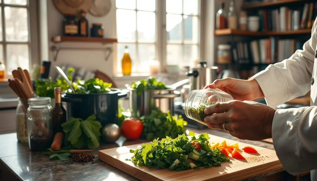 A cozy kitchen counter, sunlight streaming through large windows, casting a warm glow on a collection of aromatic spices, fresh herbs, and simmering pots. In the foreground, a chef's hands expertly blend and layer these ingredients, creating a complex, harmonious flavor profile. The middle ground features a cutting board with freshly chopped vegetables, their vibrant colors and textures adding depth and dimension. In the background, shelves filled with jars, bottles, and cookbooks suggest a well-stocked pantry, ready to provide the necessary building blocks for the ultimate chicken taco soup. The scene conveys a sense of culinary expertise, experimentation, and the joy of crafting a delicious, layered dish. chicken taco soup
