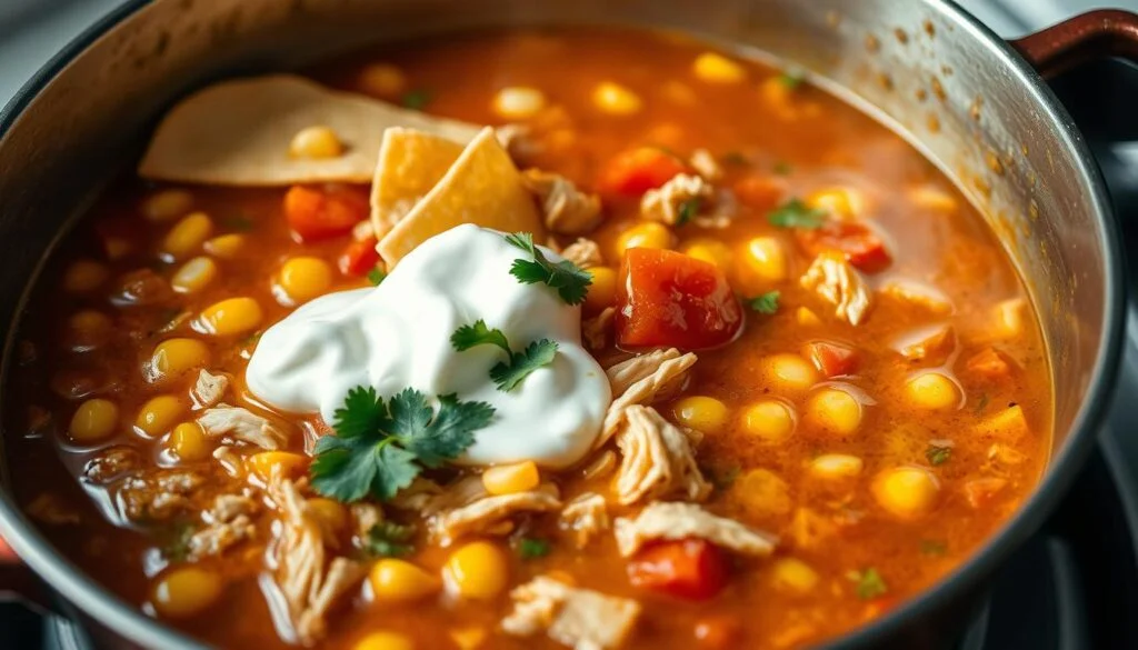 A simmering pot of homemade chicken taco soup, its rich broth glistening with aromatic spices. Chunky shredded chicken, tender corn kernels, and diced tomatoes create a vibrant medley, simmered to perfection on the stovetop. Garnished with crisp tortilla strips, a dollop of cool sour cream, and a sprinkle of fresh cilantro, this comforting dish beckons to be savored. The warm lighting casts a cozy glow, while the low camera angle emphasizes the hearty, home-cooked nature of the soup. A tempting, mouthwatering scene that captures the essence of a delicious chicken taco soup recipe. chicken taco soup