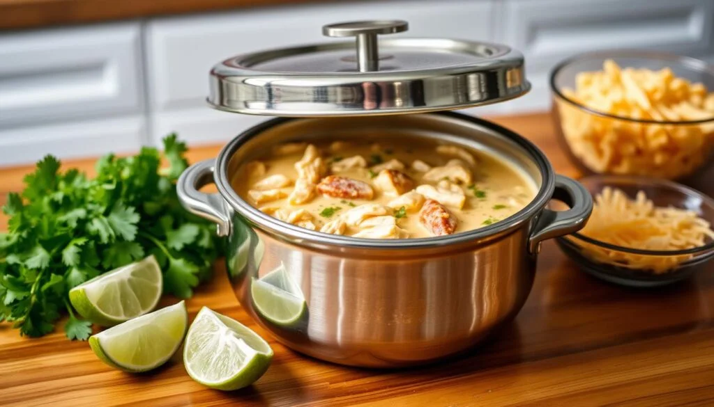A stainless steel storage container filled with creamy chicken taco soup, its lid tightly sealed to preserve the flavors. The container rests on a wooden kitchen counter, surrounded by fresh cilantro, lime wedges, and shredded cheese - the perfect accompaniments for reheating and serving the soup. Warm, comforting lighting casts a soft glow, creating an inviting atmosphere for storing and enjoying this nourishing dish. chicken taco soup