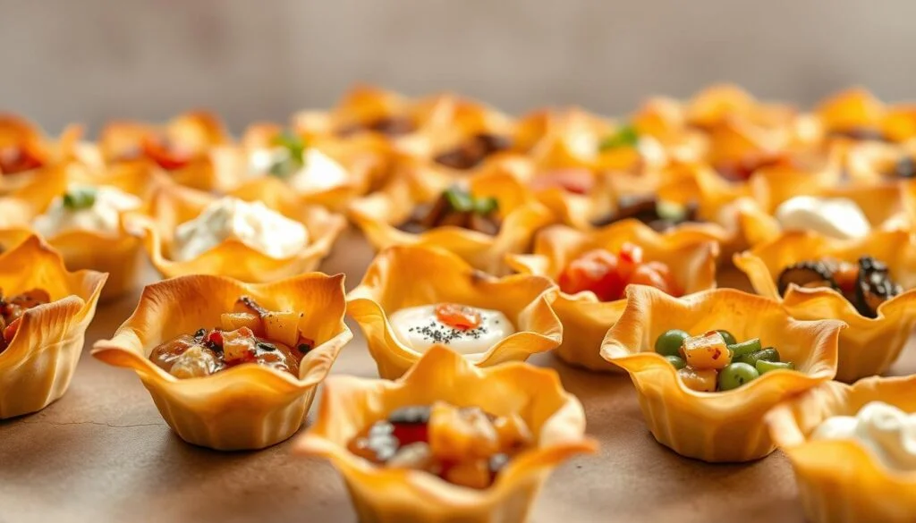 A meticulously crafted arrangement of delicate puff pastry cups filled with an array of tantalizing appetizers. The foreground showcases the golden-brown, flaky shells, their crisp edges invitingly curled, ready to cradle a variety of savory and sweet fillings. In the middle ground, a selection of mouthwatering options, from creamy cheese spreads to vibrant vegetable medleys, each presented with a refined touch. The background features a softly blurred, neutral setting, allowing the appetizer cups to take center stage and shine. Warm, natural lighting casts a gentle glow, accentuating the appetizing textures and colors. The overall scene exudes an air of effortless elegance, perfectly capturing the essence of easy, yet impressive puff pastry appetizers. puff pastry cups