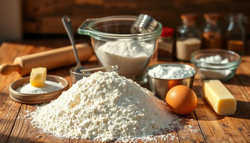 A tidy arrangement of essential baking ingredients on a rustic wooden table, bathed in warm, natural lighting. In the foreground, a pile of all-purpose flour, nestled beside a nest of cracked eggs and a stick of butter. In the middle ground, a glass bowl filled with granulated sugar and a metal measuring spoon. Behind, a sifter, a rolling pin, and a collection of spices in small glass jars. The scene exudes a cozy, inviting atmosphere, perfect for whipping up homemade pastries. puff pastry cups