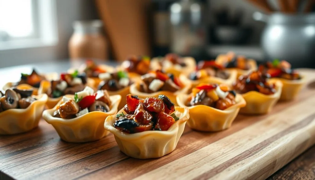 A mouthwatering spread of delectable puff pastry cups filled with an array of creative appetizer ideas. In the foreground, a selection of bite-sized cups overflowing with vibrant, textured fillings - savory mushroom, tangy feta and sun-dried tomato, sweet caramelized onion and balsamic. The middle ground showcases the flaky, golden pastry shells, invitingly arranged on a rustic wooden board. Subtle lighting casts a warm, inviting glow, highlighting the varied colors and textures. In the background, a soft, blurred kitchen setting hints at the homemade, artisanal nature of these innovative appetizers. The overall scene exudes an atmosphere of culinary delight and inspiration for the discerning host. puff pastry cups