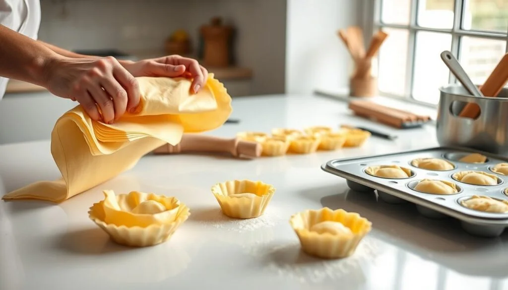 A step-by-step tutorial on puff pastry baking techniques, captured in a clean, minimalist style. In the foreground, a baker's hands carefully unrolling delicate sheets of golden puff pastry dough, revealing the distinct layers. In the middle ground, the dough is cut into precise rounds and pressed into a muffin tin, creating the perfect pastry cups. The background features a pristine white countertop with a few essential baking tools, illuminated by soft, natural lighting from a large window. The overall mood is one of focused expertise and attention to detail, showcasing the art of perfectly baked puff pastry appetizers. puff pastry cups