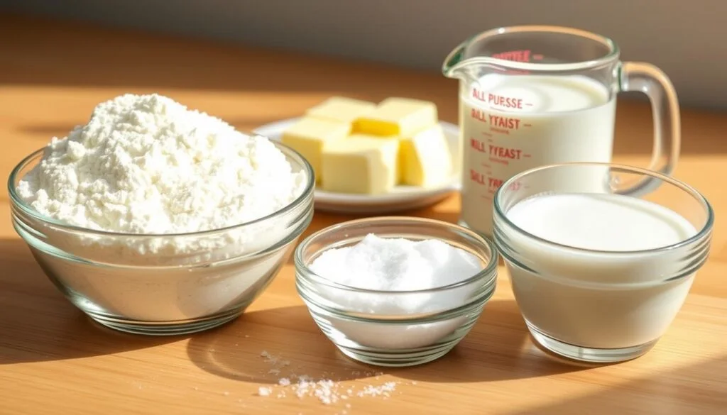 A delectable assortment of essential ingredients for mouthwatering quick yeast rolls, arranged in a clean, well-lit setting. In the foreground, a mix of all-purpose flour, granulated sugar, salt, and active dry yeast in small glass bowls, their contents neatly organized. In the middle ground, a plate of butter pats and a measuring cup filled with warm milk, creating a sense of preparedness. The background features a wooden surface, perhaps a kitchen counter, bathed in soft, natural light, conveying a cozy, homemade atmosphere. The overall composition emphasizes the simplicity and accessibility of the ingredients, inviting the viewer to imagine the warmth and comfort of freshly baked quick yeast rolls. quick yeast rolls recipe
