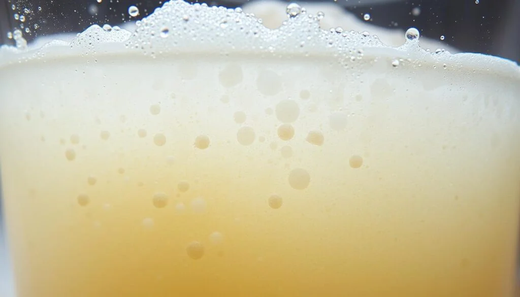 A close-up view of yeast granules rapidly expanding and bubbling up in a glass of warm water, creating a frothy, foamy texture. The yeast particles are visible, with a golden-brown color and a lively, bubbly appearance. The water is slightly opaque, with tiny air pockets and streams of gas rising to the surface, illuminated by soft, natural lighting from above. The scene is captured at a slight angle, creating a sense of depth and emphasizing the dynamic nature of the yeast activation process. quick yeast rolls recipe