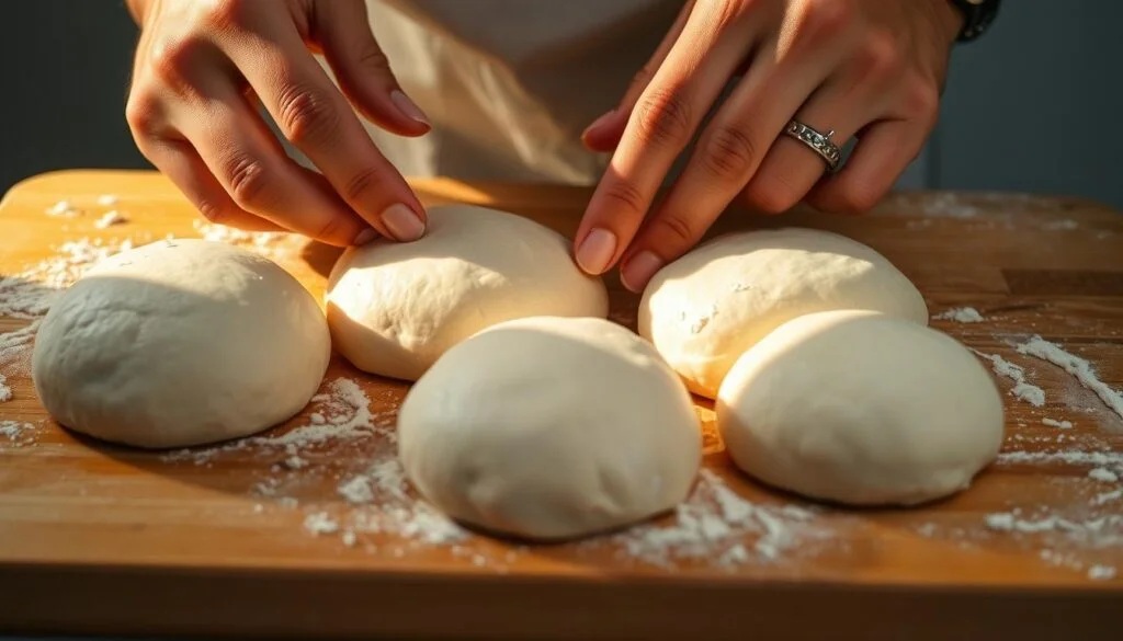 A close-up shot of two hands carefully shaping freshly risen yeast dough into evenly-sized dinner rolls on a lightly floured wooden board. The dough is a soft, supple off-white color, the surface smooth and slightly sticky. Warm, directional lighting from the side casts long shadows, highlighting the delicate textures and the precise movements of the fingers as they gently pinch, roll and shape the dough into uniform spheres. The background is blurred, keeping the focus on the intricate task of shaping the rolls for even baking. quick yeast rolls recipe