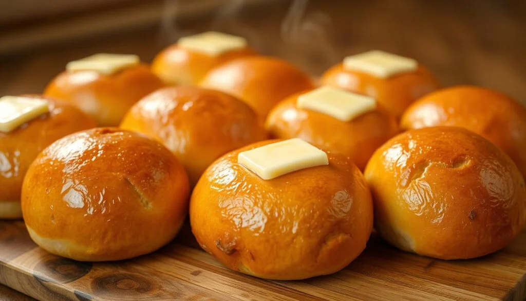 Freshly baked, golden-brown dinner rolls, their tops brushed with a shimmering layer of melted butter. The rolls are arranged on a rustic wooden cutting board, the buttery glaze glistening in the warm, soft light. The background is slightly blurred, drawing the viewer's focus to the delectable rolls in the foreground. Hints of steam rise from the rolls, hinting at their irresistible warmth and fluffiness. The overall mood is one of comforting, homemade indulgence, perfect for rounding out a satisfying meal. quick yeast rolls recipe