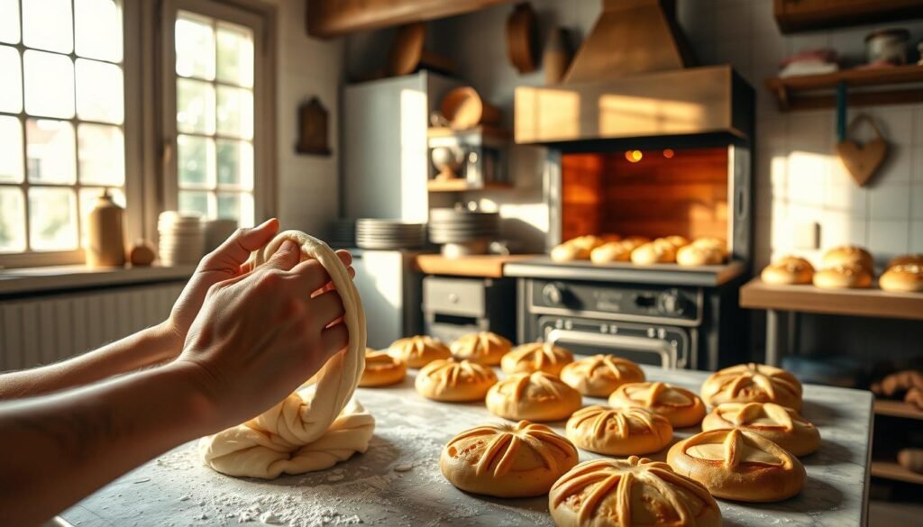 A cozy, well-lit bakery kitchen with natural sunlight streaming through large windows. In the foreground, skilled hands deftly knead and shape supple dough, revealing the artisan's intimate understanding of texture and form. The middle ground showcases an array of freshly baked pastries, each boasting a golden, flaky crust and intricate, handcrafted decorations. The background features a vintage, wood-fired oven, its warm glow highlighting the care and precision of the baking process. The atmosphere is one of quiet focus and artisanal pride, capturing the essence of time-honored baking techniques that elevate the ordinary into the extraordinary. Pastry and Bakery Shop