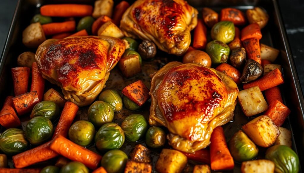 A baking sheet filled with golden-brown roasted chicken thighs, crispy skin glistening under warm, dramatic lighting. Surrounding the chicken, an array of vibrant vegetables - carrots, potatoes, and Brussels sprouts - roasted to perfection, their caramelized edges adding depth of flavor. The composition is well-balanced, with the chicken taking center stage, the vegetables creating a supporting cast. The scene is captured from a high angle, highlighting the textures and colors of the dish. An appetizing, mouthwatering image that evokes the comforting and satisfying nature of a perfectly executed sheet pan meal.