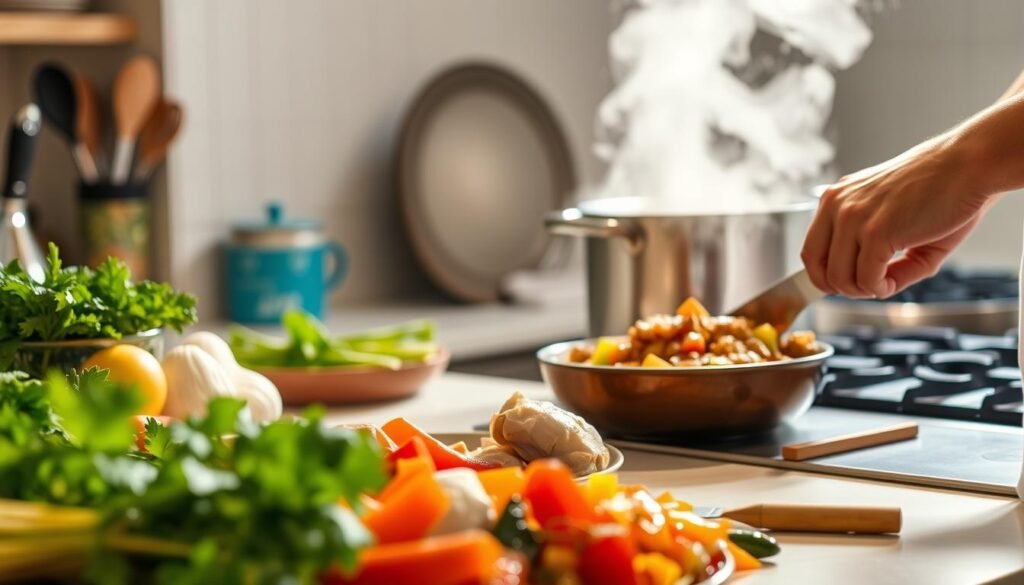 A bright, well-lit kitchen counter with fresh ingredients and cooking utensils in the foreground. In the middle ground, a chef's hands cutting up chicken and vegetables, preparing a hearty stew. In the background, a steam-filled pot simmering on the stove, emitting delectable aromas. The lighting is warm and inviting, evoking the comforting atmosphere of home-cooked Peruvian cuisine. The overall scene conveys a step-by-step culinary process, highlighting the authentic preparation of a classic Aji de Gallina dish without cream cheese. A bright, well-lit kitchen counter with fresh ingredients and cooking utensils in the foreground. In the middle ground, a chef's hands cutting up chicken and vegetables, preparing a hearty stew. In the background, a steam-filled pot simmering on the stove, emitting delectable aromas. The lighting is warm and inviting, evoking the comforting atmosphere of home-cooked Peruvian cuisine. The overall scene conveys a step-by-step culinary process, highlighting the authentic preparation of a classic Aji de Gallina dish without cream cheese.