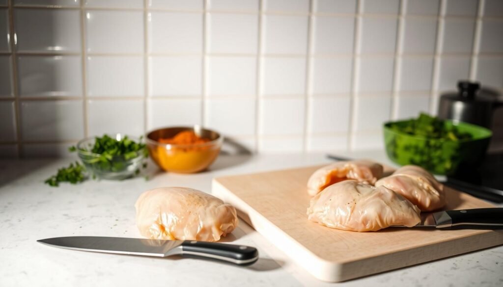 A clean, well-lit kitchen countertop. In the foreground, a set of fresh chicken thighs, neatly arranged, with their skin glistening. Nearby, a cutting board with a sharp chef's knife, ready for dicing and portioning. In the middle ground, bowls of seasoning - fragrant spices, freshly chopped herbs, and a drizzle of olive oil. The background features a crisp, white tiled wall, casting a soft, even illumination over the scene, creating a sense of order and preparation. The overall mood is one of focused culinary intent, inviting the viewer to imagine the delicious chicken dish to come.