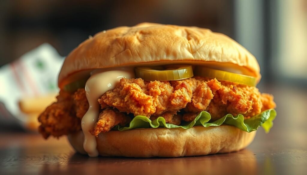 A close-up, high-resolution photograph of a freshly assembled Chick-fil-A-style chicken sandwich. The crispy, golden-brown chicken breast fillet is nestled between two soft, toasted brioche buns, with a generous dollop of tangy, creamy Chick-fil-A sauce drizzled across the top. The lettuce is crisply fresh, the pickle slices are crunchy and vibrant green, and the whole sandwich is beautifully lit from the side, creating warm highlights and subtle shadows that emphasize the sandwich's delectable textures and mouthwatering appearance. The image is captured with a wide-angle lens at eye level, allowing the viewer to feel as if they could reach out and take a bite of this perfect, handheld fried chicken masterpiece.