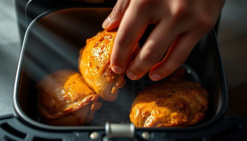 A close-up shot of a person's hands expertly maneuvering chicken thighs in an air fryer. Warm, golden-brown chicken sizzles against the sleek, metallic backdrop of the air fryer basket. Beams of soft, diffused lighting illuminate the scene, casting dramatic shadows and highlights that accentuate the precise movements and textures. The focus is sharp, capturing every detail of the hands' deft technique as they carefully flip and adjust the chicken, showcasing the mastery of this efficient cooking method. The overall mood is one of culinary expertise, efficiency, and the satisfying sights and sounds of the air frying process.