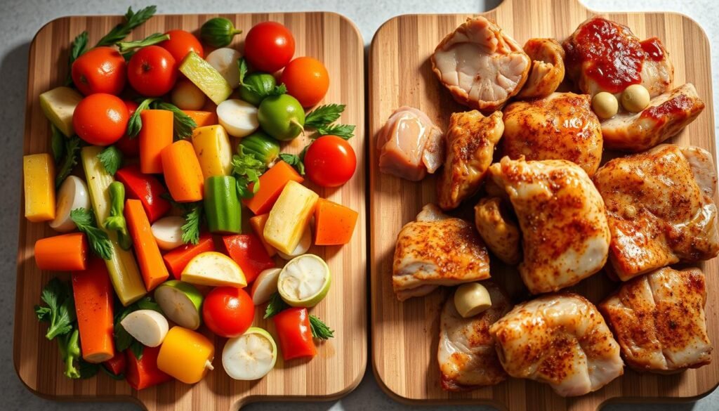 A close-up shot of two chopping boards, one with vibrant vegetables and the other with various raw meats. The vegetables are soaked in a marinade of olive oil, lemon juice, garlic, and herbs, while the meats are coated in a robust marinade of soy sauce, brown sugar, and spices. Soft, diffused lighting from the side illuminates the textural differences between the tender, glistening vegetables and the dense, fibrous meats. The scene is set against a simple, neutral background, allowing the contrasting marinades to take center stage and highlight the distinct preparation methods for plant-based and animal-based proteins. Science of Marinades