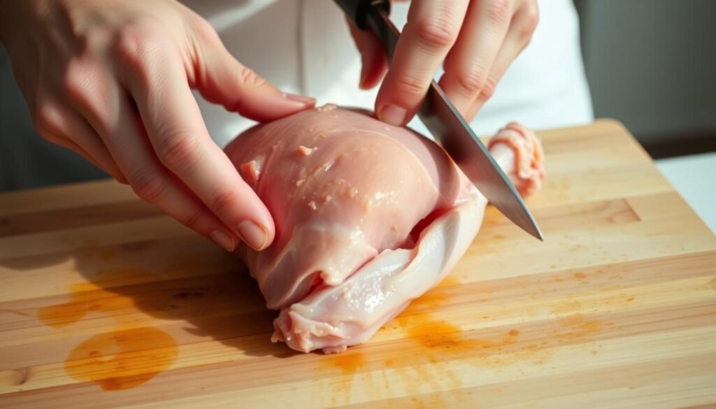 A close-up view of a pair of hands carefully deboning a chicken thigh on a clean, wooden cutting board. Soft, natural lighting illuminates the scene, casting gentle shadows that highlight the contours of the meat and the sharp knife expertly maneuvering around the bone. The skin has been removed, revealing the succulent, pinkish-red flesh. The background is blurred, keeping the focus on the intricate, step-by-step process of separating the meat from the bone with precision and care.