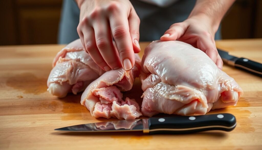 A close-up view of a person's hands carefully preparing chicken thighs for deboning. The thighs are resting on a clean, wooden cutting board, with a sharp boning knife nearby. The lighting is soft and even, creating a warm, inviting atmosphere. The person's fingers are expertly working to gently separate the skin from the meat, revealing the pink, juicy flesh underneath. The background is blurred, keeping the focus on the delicate task at hand. The overall scene conveys a sense of care and precision, perfectly capturing the "Preparing Your Chicken Thighs for Deboning" section of the article.