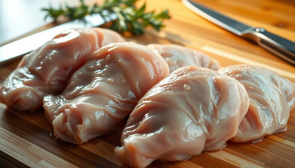A close-up view of boneless chicken thighs being prepared on a wooden cutting board. The chicken is arranged neatly, with the skin removed and the meat glistening. Droplets of water or marinade can be seen on the surface. In the background, a sharp chef's knife and some fresh herbs, such as rosemary or thyme, are visible, suggesting the preparation process. The lighting is soft and natural, creating a warm, appetizing atmosphere. The composition emphasizes the juicy, tender texture of the chicken, inviting the viewer to imagine the delicious meal that will be created.