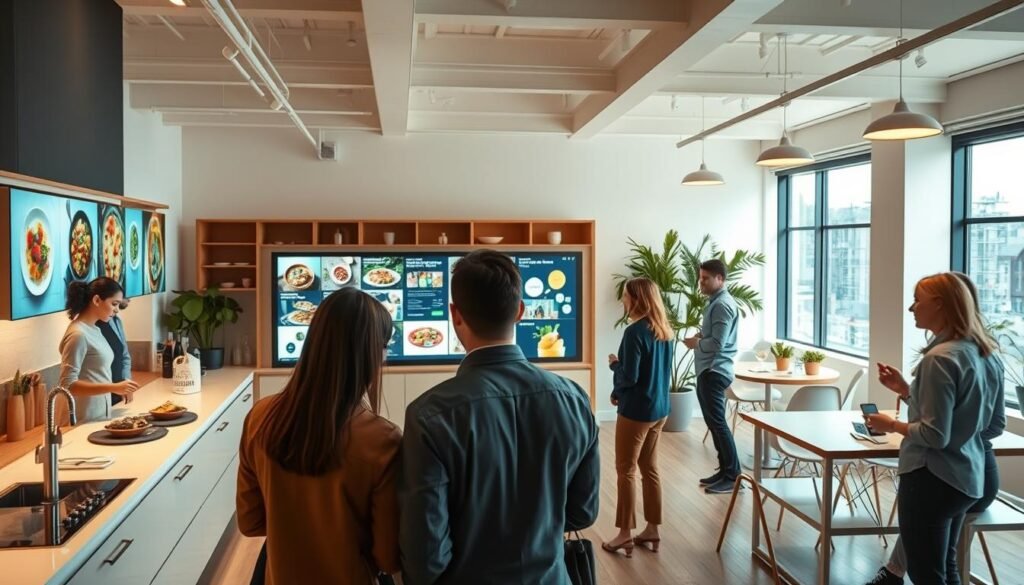 A cloud kitchen marketing scene, captured through a wide-angle lens. In the foreground, a group of people in smart casual attire engage in lively discussions around a sleek, modern kitchen counter, showcasing various culinary creations. The middle ground features a large digital display showcasing vibrant food imagery, menu items, and promotional content. In the background, a cozy, minimalist office space with large windows, allowing natural light to pour in and create a warm, inviting atmosphere. The lighting is a perfect balance of soft, ambient illumination and focused task lighting, highlighting the food and the people. The overall mood is one of professionalism, creativity, and a sense of community, conveying the essence of a thriving cloud kitchen marketing strategy.