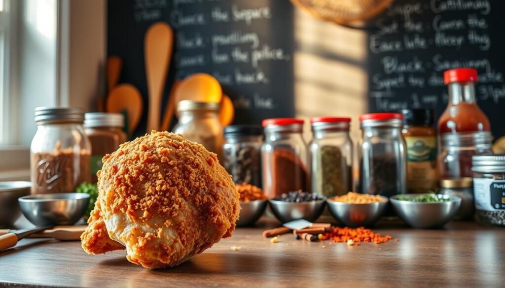 A cozy kitchen counter showcasing an array of spices, herbs, and condiments, highlighting the endless possibilities for customizing a classic Southern fried chicken recipe. In the foreground, a crisp golden chicken thigh stands proud, inviting the viewer to explore the diverse flavor combinations. Warm, soft lighting casts a welcoming glow, capturing the essence of a home-cooked meal. In the middle ground, a collection of mason jars and small bowls brim with paprika, cayenne, black pepper, and other aromatic seasonings, suggesting the versatility of the dish. The background features a chalkboard wall, adding a rustic touch and hinting at the creative nature of recipe variations. A cozy kitchen counter showcasing an array of spices, herbs, and condiments, highlighting the endless possibilities for customizing a classic Southern fried chicken recipe. In the foreground, a crisp golden chicken thigh stands proud, inviting the viewer to explore the diverse flavor combinations. Warm, soft lighting casts a welcoming glow, capturing the essence of a home-cooked meal. In the middle ground, a collection of mason jars and small bowls brim with paprika, cayenne, black pepper, and other aromatic seasonings, suggesting the versatility of the dish. The background features a chalkboard wall, adding a rustic touch and hinting at the creative nature of recipe variations.