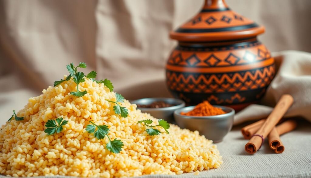 A delectable serving suggestion for couscous, captured in a warm, inviting still life. In the foreground, a heap of fluffy, golden couscous is artfully arranged, adorned with sprigs of fresh parsley and a drizzle of aromatic olive oil. Alongside, a clay tagine pot stands as the centerpiece, its intricate patterns and earthy tones complementing the couscous. In the middle ground, a selection of spices - fragrant cumin, paprika, and cinnamon - are neatly presented in small bowls, hinting at the rich flavors that can be incorporated. The background features a subtly textured linen cloth, its neutral tones allowing the vibrant colors of the couscous and spices to take center stage. Soft, diffused lighting casts a warm glow, creating a sense of inviting hospitality and the promise of a delicious, authentic Moroccan dining experience.