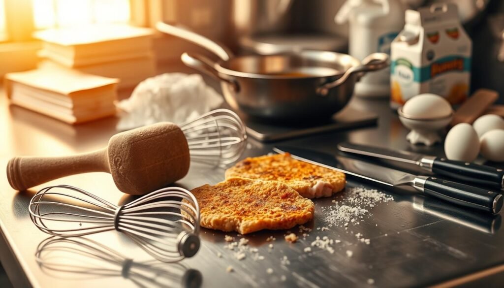 A gleaming metal table, bathed in warm, golden light, showcases an array of essential tools for crafting the perfect schnitzel. In the foreground, a well-worn mallet rests next to a delicate wire whisk, their juxtaposition hinting at the precision and power required. Beside them, a sharp, serrated knife and a sturdy meat tenderizer stand ready to transform the raw ingredients into a culinary masterpiece. In the middle ground, a shallow pan simmers with hot oil, waiting to sear the breaded cutlets to a crisp, golden perfection. In the background, a stack of fresh, white breadcrumbs and a carton of eggs hint at the preparatory steps essential for achieving that iconic, crunchy crust. The scene exudes an air of focused determination, inviting the viewer to envision the delightful, sizzling result.