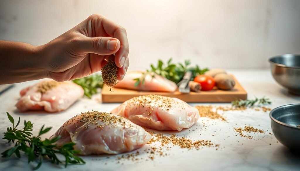 A kitchen countertop with fresh chicken breasts, herbs, and spices. Soft, warm lighting from above illuminates the scene, casting gentle shadows. In the foreground, a chef's hand carefully massages the chicken with a seasoning blend, ensuring even coverage. In the middle ground, a selection of aromatic herbs, such as rosemary, thyme, and sage, are neatly arranged, ready to be added to the cooking process. The background features a minimalist, neutral-toned backdrop, allowing the focus to remain on the preparation of the juicy, succulent chicken.