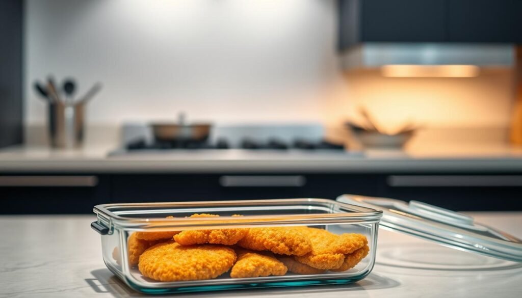 A modern kitchen counter with a plate of freshly prepared chicken schnitzel, crispy golden brown on the outside, tender and juicy on the inside. In the foreground, a glass container with a tight-fitting lid showcases the stored schnitzel, ready for later reheating. Soft, diffused lighting from above casts a warm glow, highlighting the appealing texture of the breading. In the background, a minimalist backsplash and stainless steel appliances create a clean, professional setting, suggesting efficient storage and reheating techniques for the chef's signature dish.