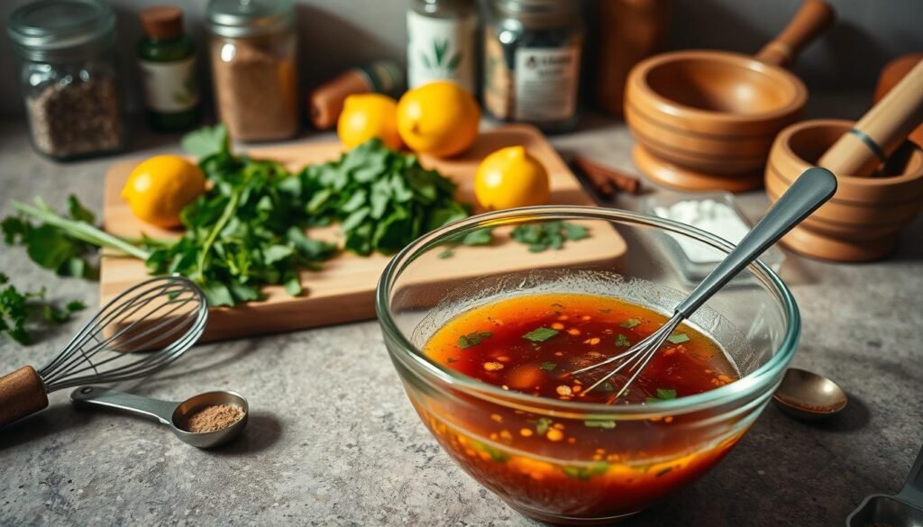 A neatly arranged countertop with a variety of marinating tools and ingredients. In the foreground, a glass bowl filled with a savory marinade, with a whisk and measuring spoons nearby. In the middle ground, a cutting board showcases fresh herbs, citrus fruits, and spices. In the background, a wooden rolling pin, a mortar and pestle, and jars of seasonings create a rustic, culinary atmosphere. Warm, diffused lighting casts gentle shadows, highlighting the textures and colors of the scene. A sense of preparation and anticipation fills the frame, inviting the viewer to explore the art of marinating. Science of Marinades