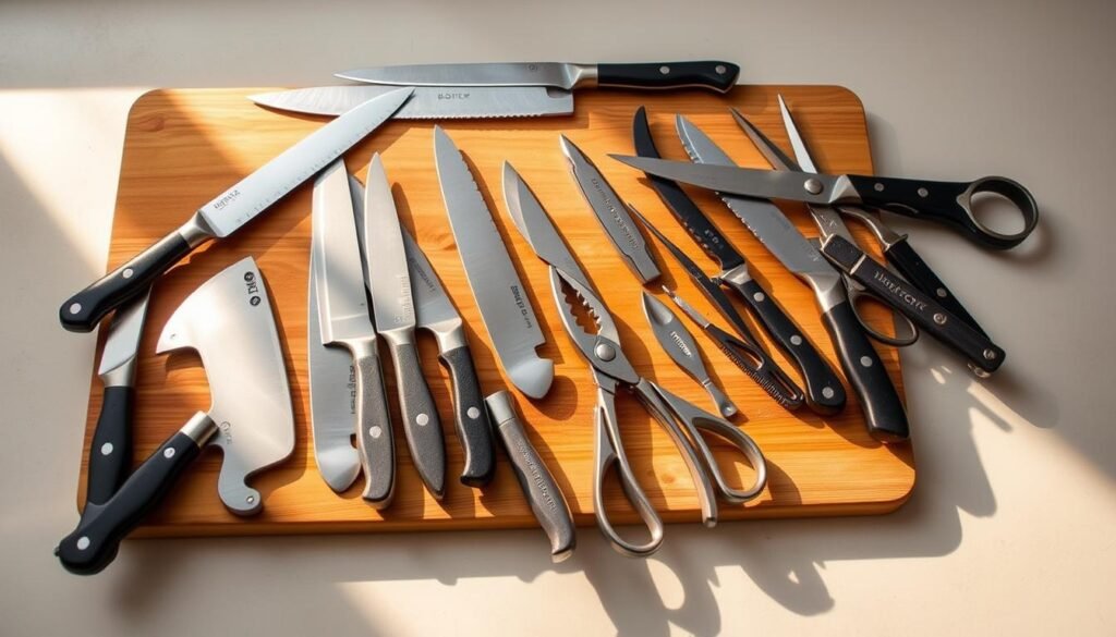 A neatly organized array of sharp knives, kitchen shears, and boning tools lie atop a wooden cutting board, casting soft shadows under warm, directional lighting. The tools, carefully positioned, exude a sense of precision and expertise required for the delicate task of deboning chicken thighs. The background is a neutral, minimalist space, allowing the tools to take center stage and showcasing their essential role in the process of preparing whole chicken thighs for cooking.