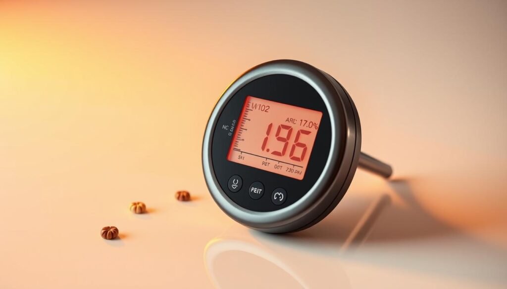 A precision-engineered kitchen thermometer with a digital display showcases a range of perfect cooking temperatures for various meats and dishes, bathed in warm, golden lighting that casts a comforting glow. The thermometer's sleek, modern design is placed on a clean, minimalist white surface, creating a high-contrast, visually striking composition. Surrounding the thermometer are small, carefully arranged icons or symbols representing different cooking methods and food types, providing a visually coherent and informative context. The overall mood is one of culinary expertise, attention to detail, and the joy of perfectly cooked meals.