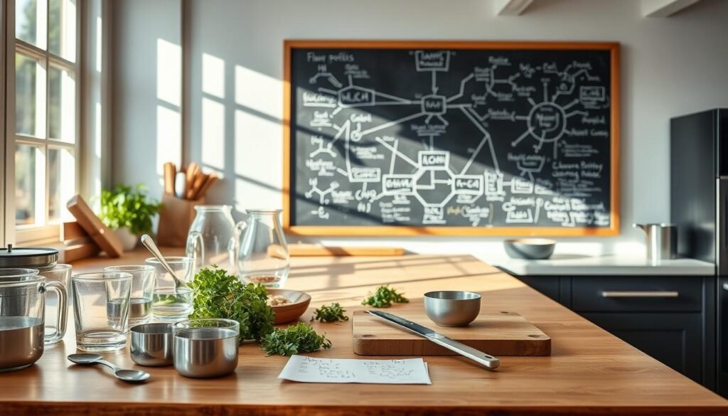 A professional kitchen counter, bathed in warm, natural light from large windows. On the surface, various culinary tools and ingredients are neatly arranged - measuring cups, spoons, a cutting board, fresh herbs, and a few scribbled recipe notes. In the background, a chalkboard showcases a complex diagram of flavor profiles and chemical reactions, providing a glimpse into the systematic approach to recipe development. The scene conveys a sense of careful experimentation, scientific rigor, and the passionate pursuit of culinary excellence.