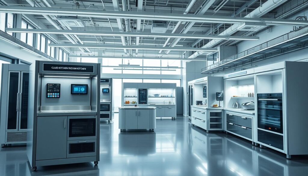 A sleek, modern cloud kitchen interior featuring various models and configurations. In the foreground, a compact kitchen unit with a stainless steel worktop, built-in appliances, and a digital display panel. In the middle ground, larger modular kitchen stations with storage compartments and delivery pickup areas. The background showcases an open, well-lit space with high ceilings, large windows, and strategic lighting to create an efficient, streamlined atmosphere. The overall mood is one of technological sophistication and functional design, reflecting the innovative nature of cloud kitchen operations.