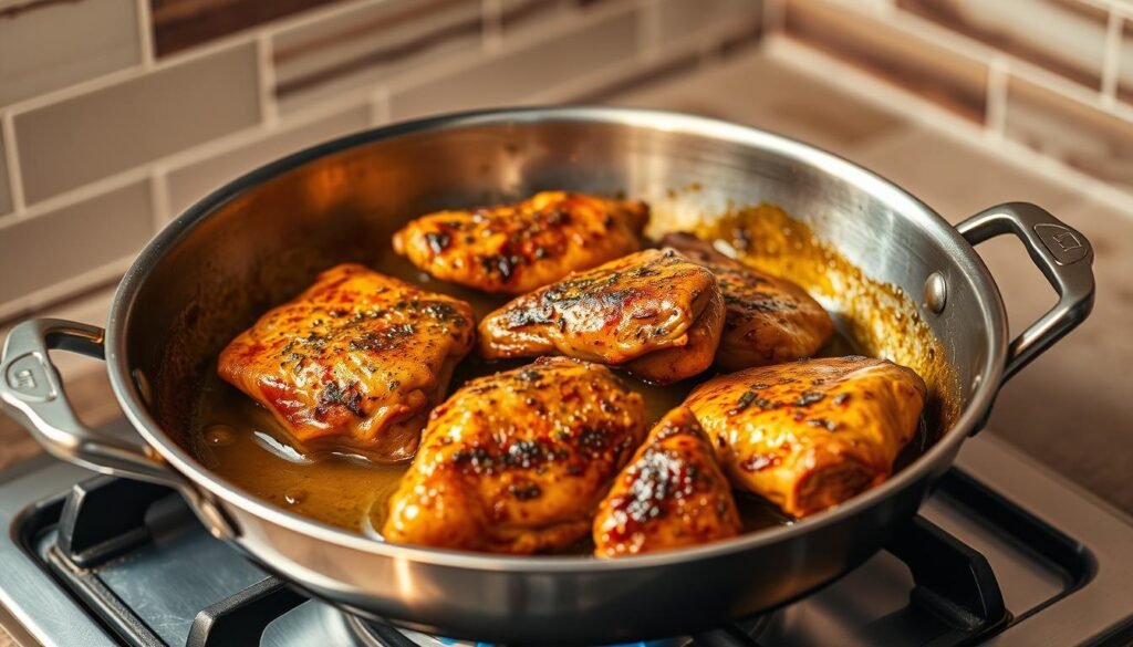 A stainless steel skillet sizzles on a gas stovetop, its surface glistening with melted golden butter. Tender chicken thighs, marinated in a fragrant blend of spices, sear in the pan, releasing a captivating aroma of cumin, coriander, and ginger. The light from the stovetop casts a warm, amber glow, highlighting the rich, caramelized edges of the meat. Plumes of aromatic steam rise, hinting at the depth of flavor to come. In the background, a backdrop of neutral tones, with hints of rustic wood or tile, creates a cozy, homely atmosphere, setting the stage for the authentic, smoky butter chicken dish.