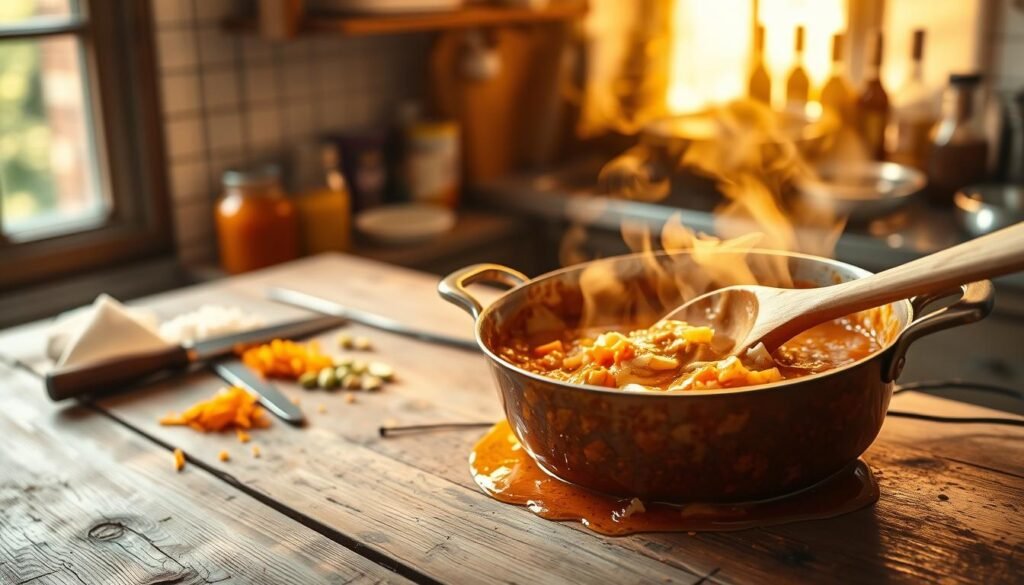 A steaming pot of butter chicken sauce on a rustic wooden surface, the light from a large window casting a warm, golden glow over the scene. In the foreground, a wooden spoon stirs the fragrant mixture of tomatoes, onions, garlic, ginger, and aromatic spices. The middle ground reveals the preparation of the sauce, with a chef's knife neatly dicing fresh ingredients. In the background, the kitchen counter is dotted with jars and bottles, hinting at the rich history and complexity of this beloved Indian dish. The overall atmosphere is one of calm, focused culinary craftsmanship, inviting the viewer to imagine the delicious, smoky flavors that will soon emerge from this carefully curated sauce.
