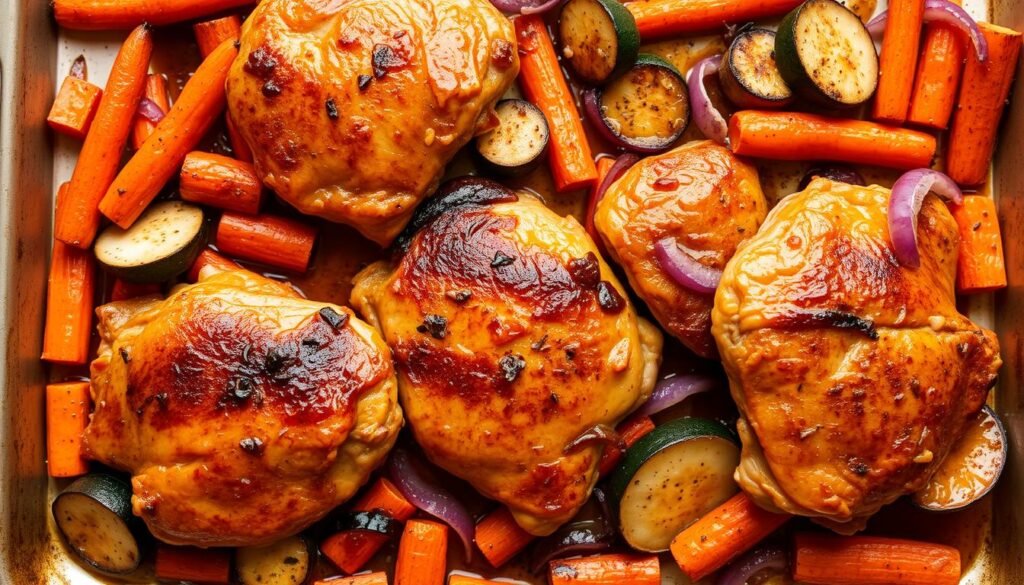 A succulent sheet pan filled with golden-roasted chicken thighs, crisp-tender vegetables, and a drizzle of savory pan juices. The chicken, skin seared to a perfect crunch, nestles amidst vibrant carrots, zucchini, and red onions, all caramelized to sweet, earthy perfection under warm, diffused lighting. The arrangement is captured from a slight overhead angle, highlighting the inviting textures and mouthwatering colors of this effortless, one-pan wonder. The overall scene radiates comforting, homemade appeal, promising the satisfying benefits of a healthy, hassle-free meal.