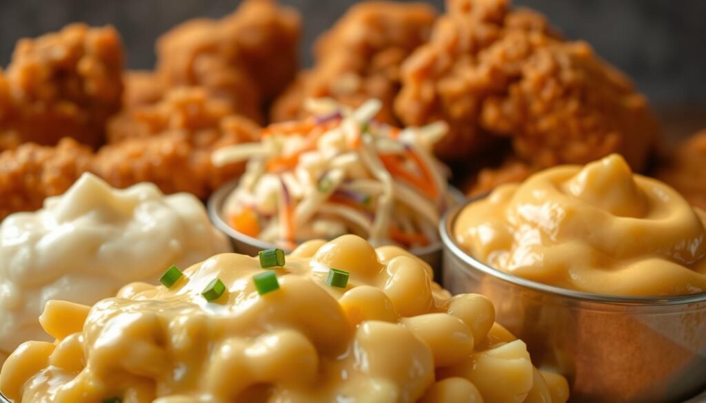 A sumptuous array of creamy side dishes nestled against a backdrop of crispy golden-brown fried chicken. In the foreground, a decadent mac and cheese with a velvety cheese sauce, garnished with fresh chives. Beside it, a creamy mashed potato mound, its surface glistening with melted butter. In the middle ground, a luscious coleslaw, its creaminess contrasting with the vibrant colors of shredded cabbage and carrots. Soft lighting from above casts a warm glow, accentuating the tempting textures and inviting the viewer to indulge in this harmonious feast for the senses. A sumptuous array of creamy side dishes nestled against a backdrop of crispy golden-brown fried chicken. In the foreground, a decadent mac and cheese with a velvety cheese sauce, garnished with fresh chives. Beside it, a creamy mashed potato mound, its surface glistening with melted butter. In the middle ground, a luscious coleslaw, its creaminess contrasting with the vibrant colors of shredded cabbage and carrots. Soft lighting from above casts a warm glow, accentuating the tempting textures and inviting the viewer to indulge in this harmonious feast for the senses.