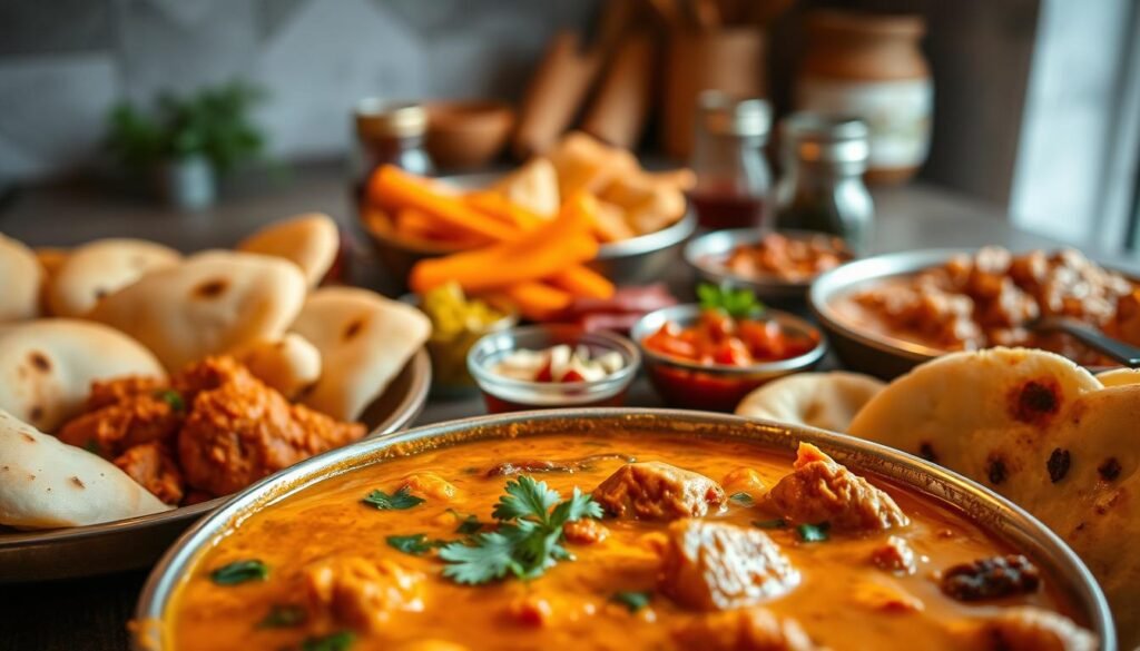 A sumptuous array of fragrant curry dishes, their vibrant hues and rich textures filling the frame. In the foreground, a steaming bowl of aromatic curry, its creamy sauce punctuated by tender chunks of chicken and slivers of fresh herbs. Surrounding it, an assortment of naan breads, each one golden and fluffy, ready to soak up the flavorful juices. In the middle ground, a selection of traditional condiments and garnishes - tangy chutneys, crisp pickles, and fragrant spices - artfully arranged to complement the main dishes. The background features a softly blurred kitchen setting, evoking the comforting atmosphere of a well-appointed home kitchen. Warm, diffused lighting casts a cozy glow over the scene, inviting the viewer to savor the comforting, satisfying flavors of this essential curry meal.