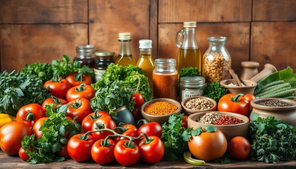 A vibrant still life composition showcasing a diverse array of flavorful ingredients against a warm, rustic backdrop. In the foreground, an assortment of freshly harvested produce, including ripe tomatoes, crisp bell peppers, and lush bunches of herbs, arranged with artistic flair. In the middle ground, a selection of aromatic spices, jars of fragrant oils, and earthenware bowls brimming with aromatic seasonings, creating a sense of culinary exploration. The background features a weathered wooden surface, with hints of natural light filtering in, casting a soft, inviting glow over the scene. The overall atmosphere exudes a sense of homemade authenticity and the joy of culinary creation.
