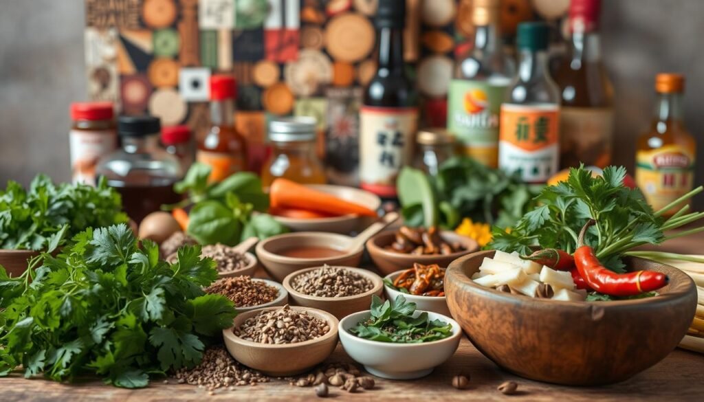 A vivid still life showcasing an array of cultural marinade ingredients. In the foreground, a variety of fresh herbs and spices - vibrant cilantro, earthy cumin, fragrant lemongrass - arranged in a rustic wooden bowl. In the middle ground, an assortment of condiments and aromatics - tangy tamarind, pungent fish sauce, fiery chili peppers - in small ceramic dishes. In the background, a mosaic of global flavor inspirations - a soy sauce bottle, a jar of miso, a bottle of rice vinegar - set against a neutral backdrop, bathed in warm, natural lighting. The overall mood is one of culinary exploration, inviting the viewer to discover the rich diversity of flavors that can be used to create dynamic, culturally-inspired marinades. Science of Marinades