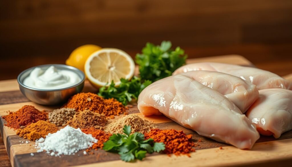 A well-lit, close-up view of an assortment of chicken marinade ingredients arranged on a wooden cutting board. In the foreground, boneless, skinless chicken thighs are neatly stacked, surrounded by a vibrant array of spices including smoked paprika, cumin, coriander, garlic powder, and chili powder. In the middle ground, a small bowl of yogurt, a half-sliced lemon, and a handful of chopped cilantro leaves add further depth and complexity to the marinade. The background is softly blurred, emphasizing the preparation process. The lighting is natural, slightly dramatic, casting warm shadows and highlights that accentuate the textures and colors of the ingredients, evoking the smoky, authentic flavors of the dish.