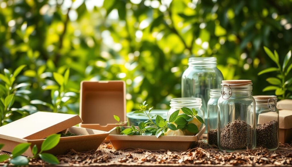 A well-lit, closeup photograph of various eco-friendly packaging materials in a natural, organic setting. In the foreground, biodegradable cardboard containers, plant-based compostable trays, and reusable glass jars are arranged artfully. The middle ground features a background of lush greenery, with sunlight filtering through leaves. The lighting is soft and diffused, creating a warm, earthy ambiance. The angle is slightly elevated, giving a birds-eye view of the sustainable packaging elements. The overall mood is one of environmental responsibility, highlighting the beauty and practicality of green alternatives to traditional packaging.