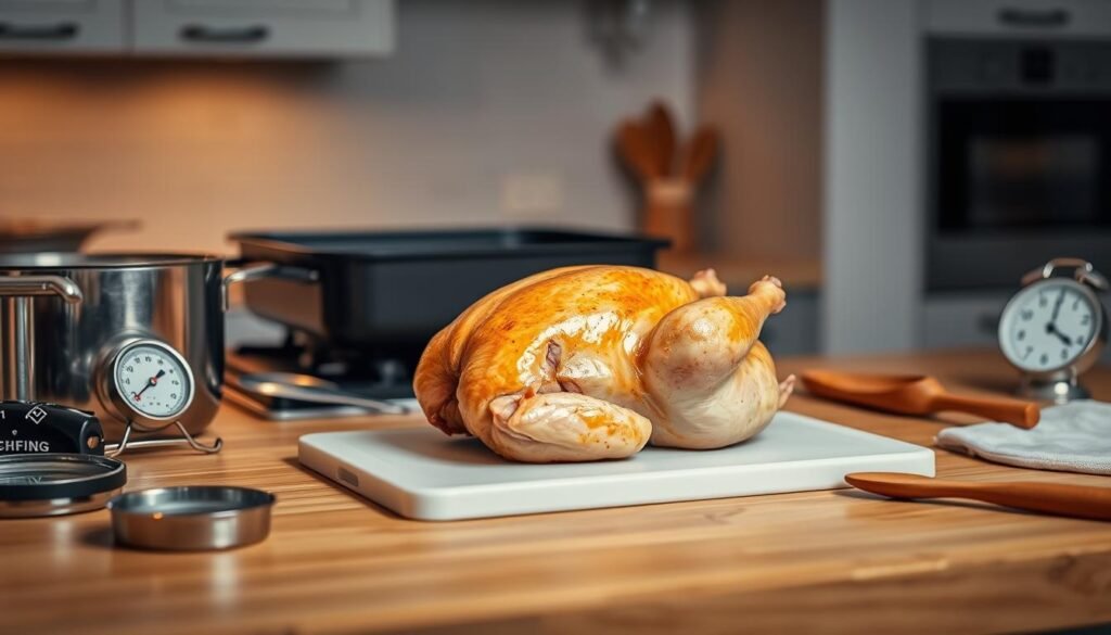 A well-lit, detailed kitchen counter top with a variety of cooking implements and utensils, including a meat thermometer, a roasting pan, a wooden spoon, and a timer. In the center, a whole chicken resting on a cutting board, its golden-brown skin glistening under the soft, warm lighting. The background is blurred, but suggests a modern, minimalist kitchen interior. The overall mood is one of precision, focus, and the careful preparation of a delicious meal.
