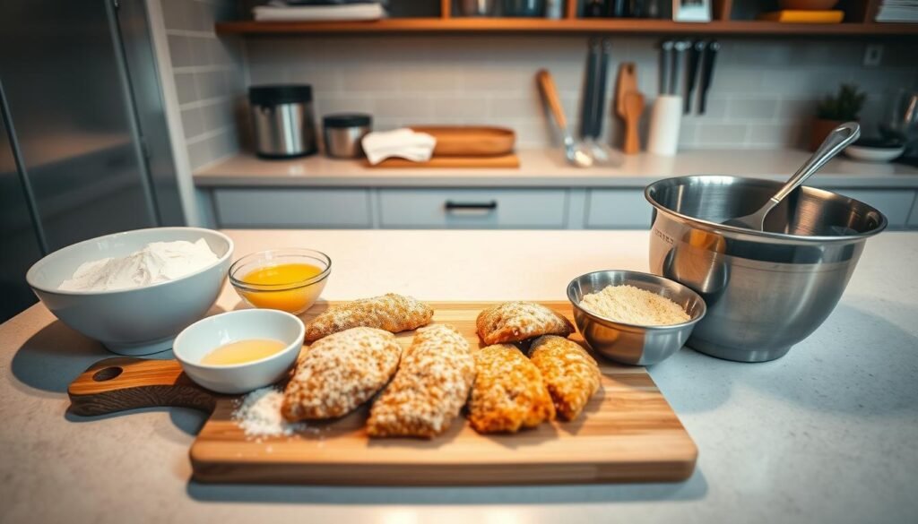 A well-lit, meticulously arranged breading station for preparing perfectly crispy chicken schnitzel. In the foreground, a wooden cutting board holds breaded chicken cutlets, flanked by three shallow bowls filled with flour, beaten eggs, and panko breadcrumbs. Sturdy stainless steel mixing bowls sit nearby, ready to receive the freshly coated chicken. Overhead, a soft, warm light illuminates the scene, casting a gentle glow across the station. In the background, a clean, neutral-colored countertop provides ample workspace, with a chef's knife, kitchen towel, and other essential tools neatly organized. The overall atmosphere is one of focused efficiency, capturing the essence of a professional chef's attention to detail in creating the ideal breading setup for exceptional schnitzel.