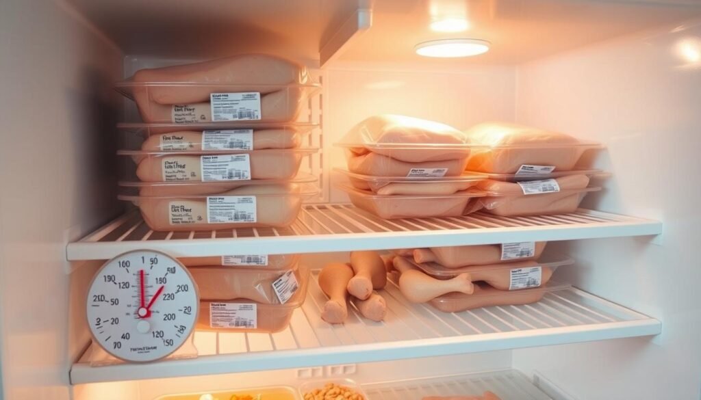 A well-organized refrigerator interior, the shelves neatly arranged with packages of fresh poultry. Chicken breasts, thighs, and drumsticks are stacked in clear plastic containers, their labels visible. The shelves are illuminated by soft, even lighting, casting a warm glow over the contents. In the foreground, a thermometer displays the optimal temperature for safe poultry storage. The middle ground showcases the different cuts, while the background reveals the clean, organized layout of the refrigerator. This scene conveys a sense of order and attention to food safety, perfectly illustrating the "Safe Chicken Storage Methods" section of the article.