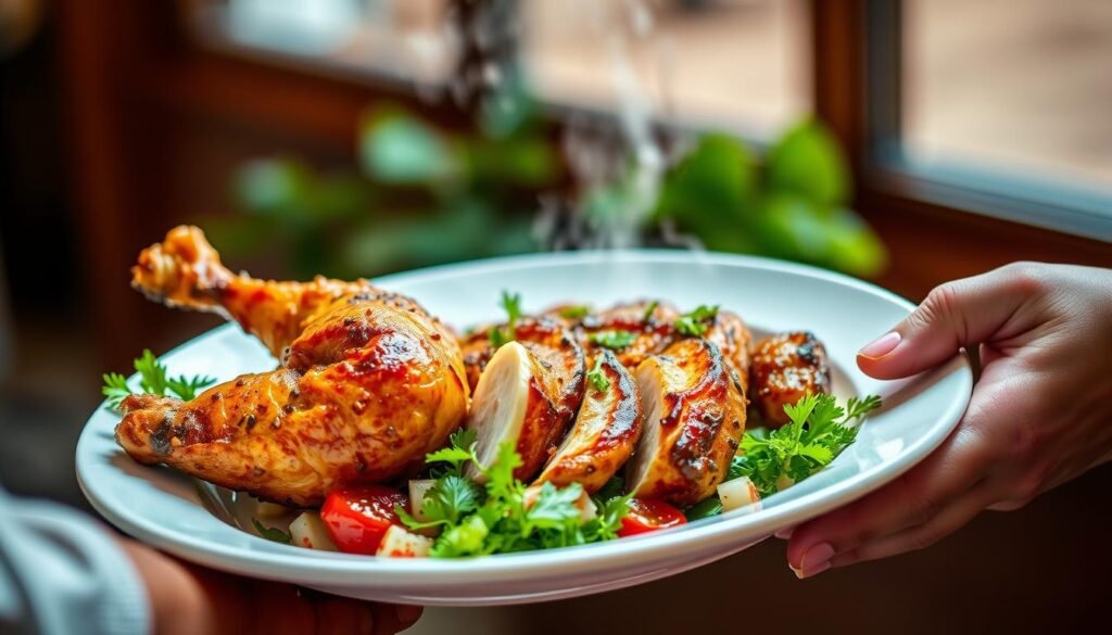 Create an image of a delicious chicken dish being delivered