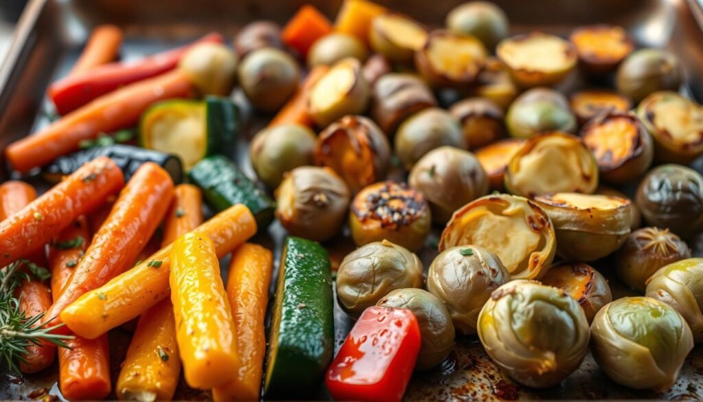 Freshly roasted vegetables in a crisp, golden hue, arranged on a rustic baking sheet. In the foreground, vibrant carrots, zucchini, and bell peppers, drizzled with olive oil and sprinkled with aromatic herbs. The middle ground features succulent Brussels sprouts and fingerling potatoes, their edges caramelized to perfection. The background showcases a warm, diffused lighting, casting a soft glow over the entire scene. The composition is balanced, with the vegetables arranged in a visually appealing manner, inviting the viewer to savor the inviting aroma and the promise of a delectable, nutritious meal.