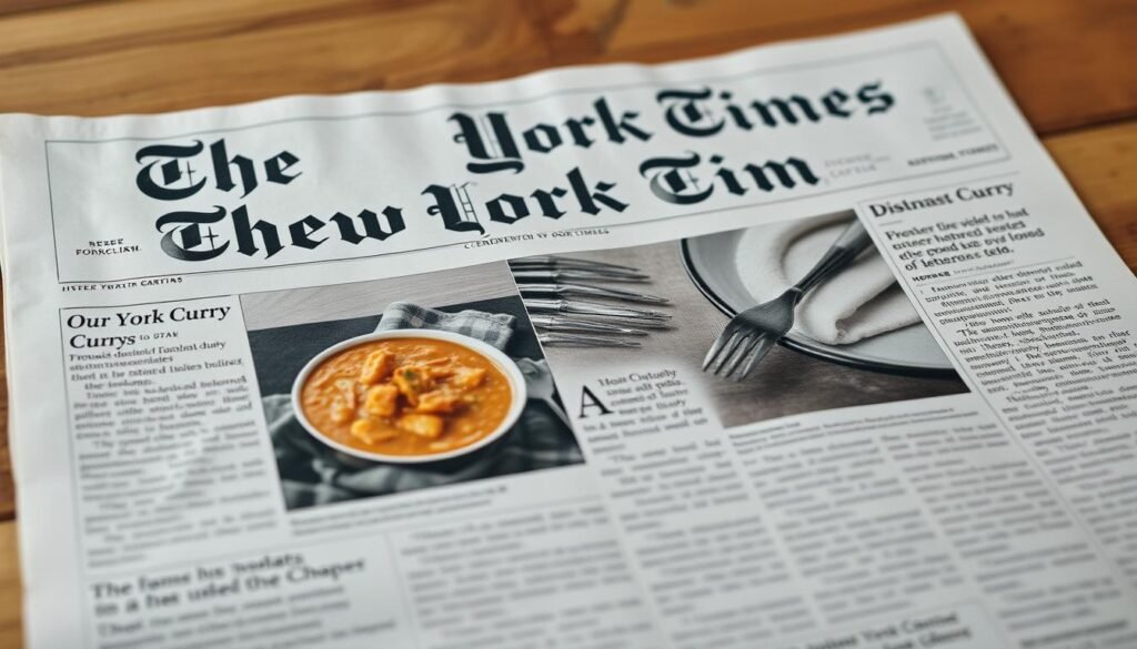 Generate an image of a New York Times newspaper with a highlighted section featuring our curry product.