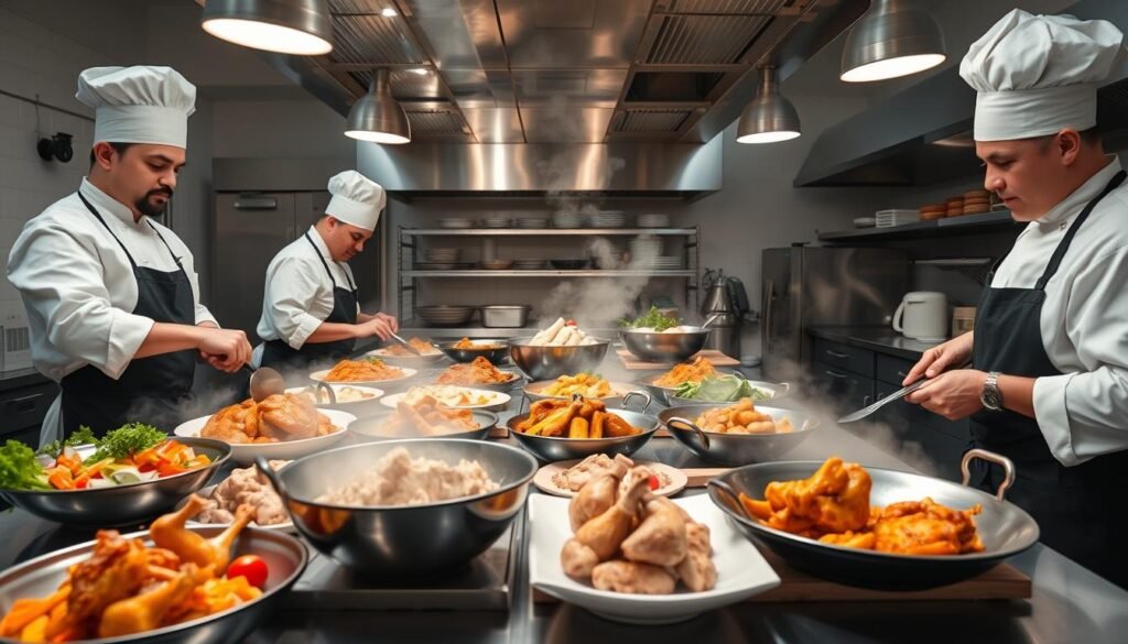 Generate an image of a cloud kitchen with a variety of chicken dishes being prepared.